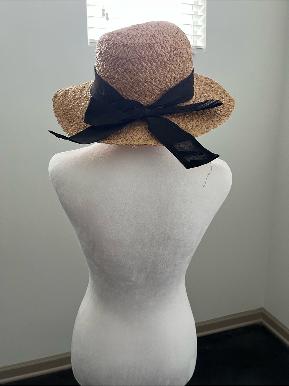 Straw Sun Hat with Black Ribbon - Women Accessories
